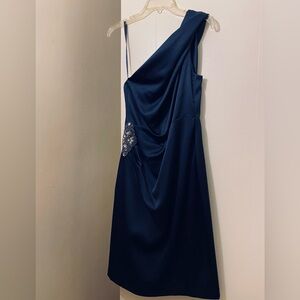 Elegant One-Shoulder Navy Dress with Embellishment by Eliza J